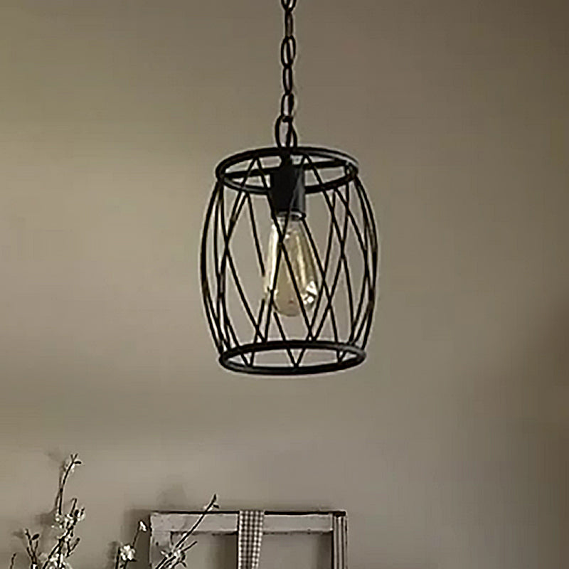 Black Wire Guard Hanging Lighting Fixture Industrial Metal 1 Bulb Dining Room Pendant Lamp with Cylinder Shade Clearhalo 'Art Deco Pendants' 'Black' 'Cast Iron' 'Ceiling Lights' 'Ceramic' 'Crystal' 'Industrial Pendants' 'Industrial' 'Metal' 'Middle Century Pendants' 'Pendant Lights' 'Pendants' 'Rustic Pendants' 'Tiffany' Lighting' 456582