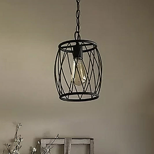 Black Wire Guard Hanging Lighting Fixture Industrial Metal 1 Bulb Dining Room Pendant Lamp with Cylinder Shade Clearhalo 'Art Deco Pendants' 'Black' 'Cast Iron' 'Ceiling Lights' 'Ceramic' 'Crystal' 'Industrial Pendants' 'Industrial' 'Metal' 'Middle Century Pendants' 'Pendant Lights' 'Pendants' 'Rustic Pendants' 'Tiffany' Lighting' 456582