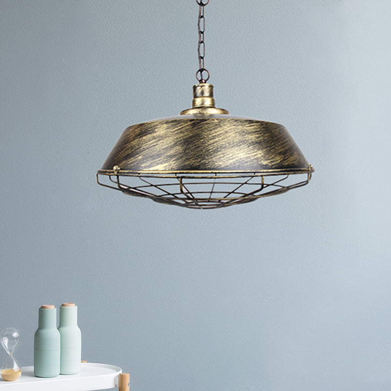 Rustic Stylish Wire Cage Pendant Light with Barn Shade 1 Light Iron Ceiling Light Fixture in Antique Brass/Rust, 10"/14"/18" Width Clearhalo 'Art Deco Pendants' 'Cast Iron' 'Ceiling Lights' 'Ceramic' 'Crystal' 'Industrial Pendants' 'Industrial' 'Metal' 'Middle Century Pendants' 'Pendant Lights' 'Pendants' 'Tiffany' Lighting' 456601