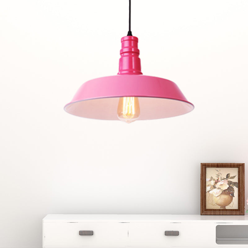 Metal Barn Shade Hanging Lamp Retro Style 1 Bulb Living Room Ceiling Pendant Fixture in Pink/Yellow, 10"/14"/18" Diameter Pink Clearhalo 'Art Deco Pendants' 'Cast Iron' 'Ceiling Lights' 'Ceramic' 'Crystal' 'Industrial Pendants' 'Industrial' 'Metal' 'Middle Century Pendants' 'Pendant Lights' 'Pendants' 'Tiffany' Lighting' 456667