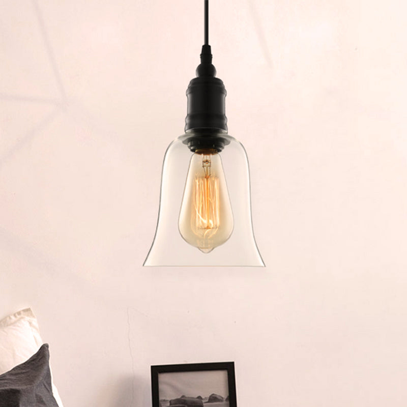 Industrial Bell Pendant Lighting Single-Bulb Clear Glass Hanging Light Fixture in Black Clearhalo 'Ceiling Lights' 'Glass shade' 'Glass' 'Industrial Pendants' 'Industrial' 'Middle Century Pendants' 'Pendant Lights' 'Pendants' 'Tiffany' Lighting' 456693