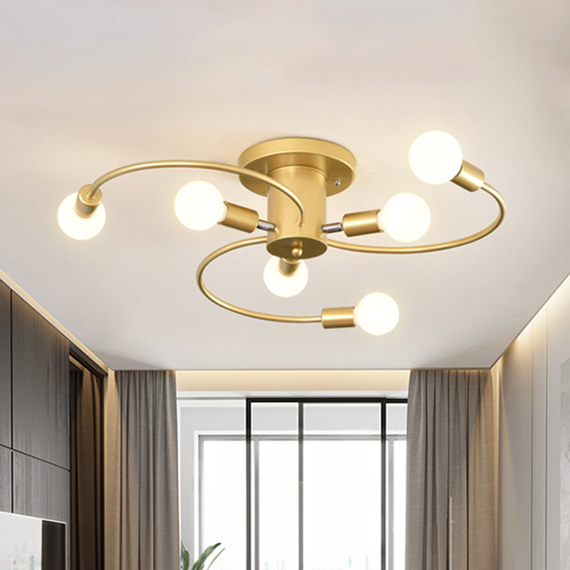 6 Lights Swirl Semi Flush Mount Nordic Metal Gold/Black Living Room Ceiling Flush Mount Light Clearhalo 'Ceiling Lights' 'Close To Ceiling Lights' 'Close to ceiling' 'Semi-flushmount' Lighting' 456707