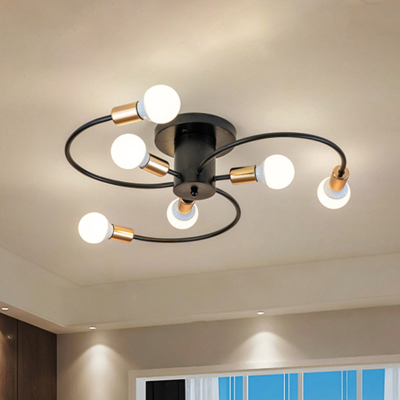 6 Lights Swirl Semi Flush Mount Nordic Metal Gold/Black Living Room Ceiling Flush Mount Light Black Clearhalo 'Ceiling Lights' 'Close To Ceiling Lights' 'Close to ceiling' 'Semi-flushmount' Lighting' 456709