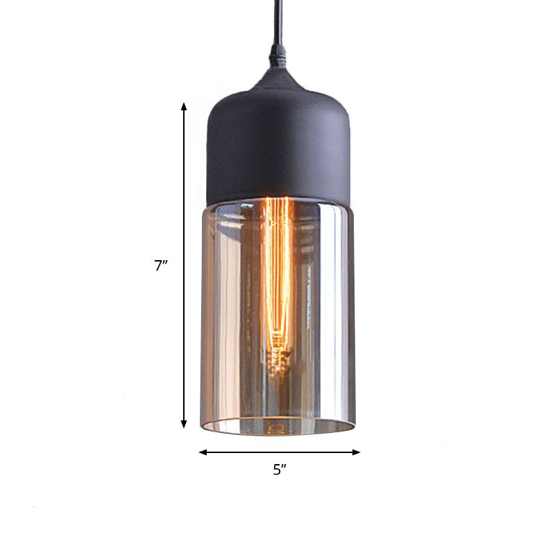 Cylinder Pendant Lighting Industrial 1 Light Brown Glass Hanging Ceiling Light in Black, 5"/7"/8" Wide Clearhalo 'Ceiling Lights' 'Glass shade' 'Glass' 'Industrial Pendants' 'Industrial' 'Middle Century Pendants' 'Pendant Lights' 'Pendants' 'Tiffany' Lighting' 456712