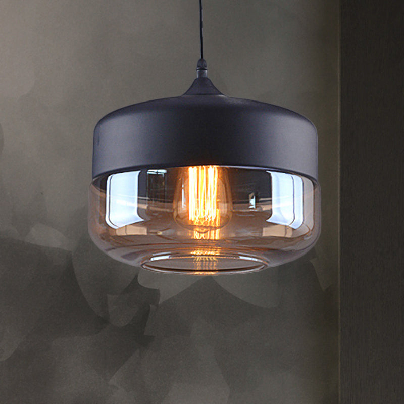 Cylinder Pendant Lighting Industrial 1 Light Brown Glass Hanging Ceiling Light in Black, 5"/7"/8" Wide Clearhalo 'Ceiling Lights' 'Glass shade' 'Glass' 'Industrial Pendants' 'Industrial' 'Middle Century Pendants' 'Pendant Lights' 'Pendants' 'Tiffany' Lighting' 456714