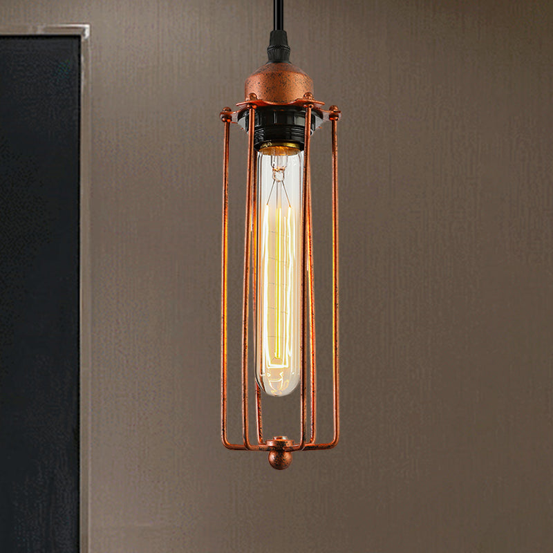 Dark Rust Tube Pendant Lighting Vintage Style Metallic 1 Bulb Kitchen Hanging Lamp with Wire Guard Clearhalo 'Art Deco Pendants' 'Cast Iron' 'Ceiling Lights' 'Ceramic' 'Crystal' 'Industrial Pendants' 'Industrial' 'Metal' 'Middle Century Pendants' 'Pendant Lights' 'Pendants' 'Tiffany' Lighting' 456723