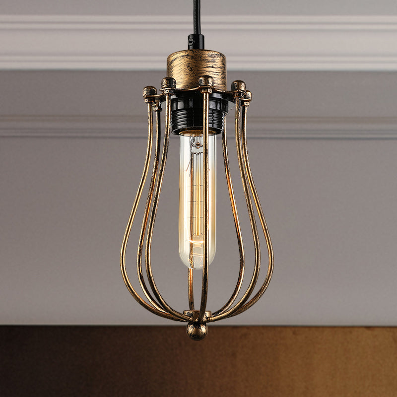 Caged Metal Pendant Light Industrial 1 Bulb Dining Room Hanging Lamp with Teardrop Shade in Brass/White/Black Clearhalo 'Ceiling Lights' 'Modern Pendants' 'Modern' 'Pendant Lights' 'Pendants' Lighting' 456729