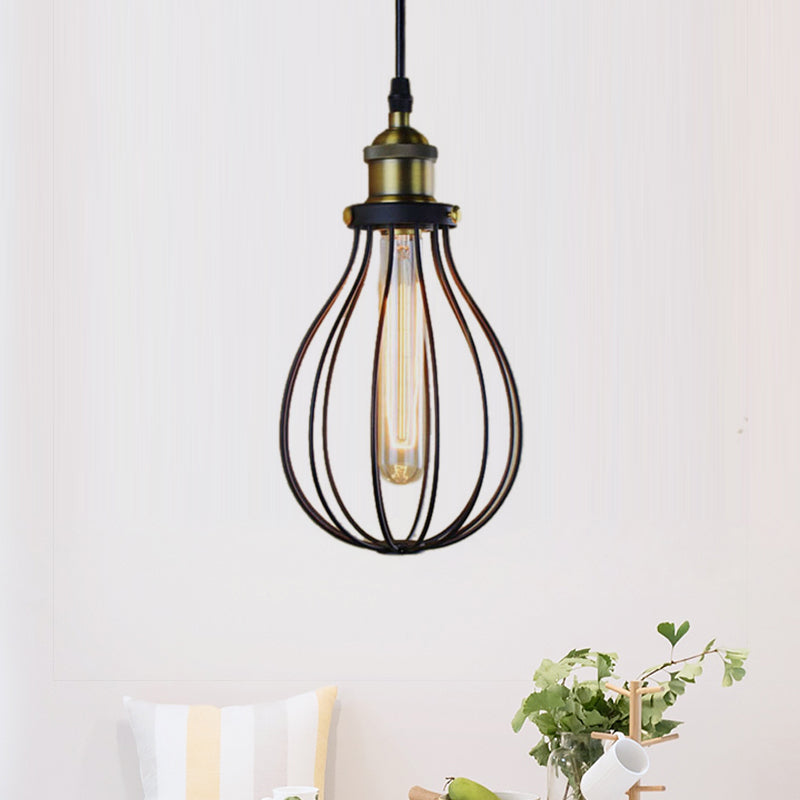 Metallic Black/Brass Pendant Ceiling Light Wire Cage 1 Light Vintage Industrial Ceiling Light with Bulb Shade Clearhalo 'Ceiling Lights' 'Modern Pendants' 'Modern' 'Pendant Lights' 'Pendants' Lighting' 456734