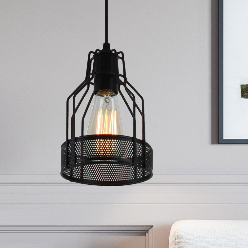 Caged Restaurant Pendant Lighting Antique Industrial Metal 1 Bulb Black Hanging Fixture with Mesh Screen Clearhalo 'Ceiling Lights' 'Modern Pendants' 'Modern' 'Pendant Lights' 'Pendants' Lighting' 456737