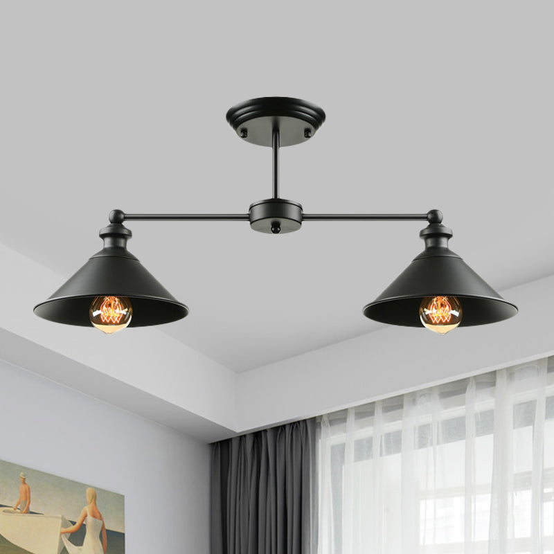 Double Conic Metallic Semi Flush Mount Light Industrial 2 Lights Dining Table Ceiling Lighting in Black Clearhalo 'Ceiling Lights' 'Close To Ceiling Lights' 'Close to ceiling' 'Semi-flushmount' Lighting' 456764