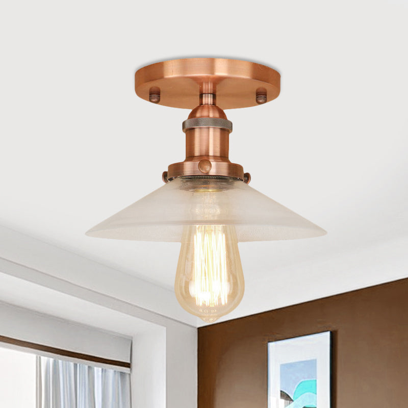Saucer Frosted Glass Semi Flush Lighting Vintage 1 Bulb Kitchen Light Fixture in Black/Brass/Copper Clearhalo 'Ceiling Lights' 'Close To Ceiling Lights' 'Close to ceiling' 'Glass shade' 'Glass' 'Semi-flushmount' Lighting' 456801
