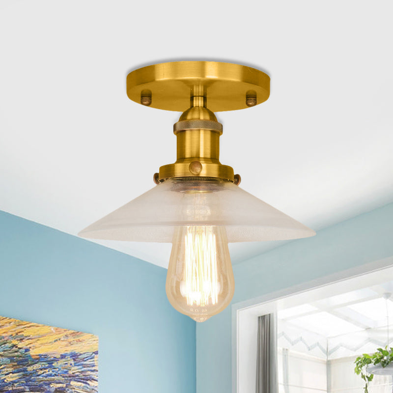 Saucer Frosted Glass Semi Flush Lighting Vintage 1 Bulb Kitchen Light Fixture in Black/Brass/Copper Brass Clearhalo 'Ceiling Lights' 'Close To Ceiling Lights' 'Close to ceiling' 'Glass shade' 'Glass' 'Semi-flushmount' Lighting' 456802