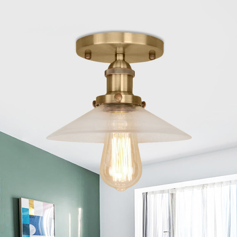 Saucer Frosted Glass Semi Flush Lighting Vintage 1 Bulb Kitchen Light Fixture in Black/Brass/Copper Antique Brass Clearhalo 'Ceiling Lights' 'Close To Ceiling Lights' 'Close to ceiling' 'Glass shade' 'Glass' 'Semi-flushmount' Lighting' 456803