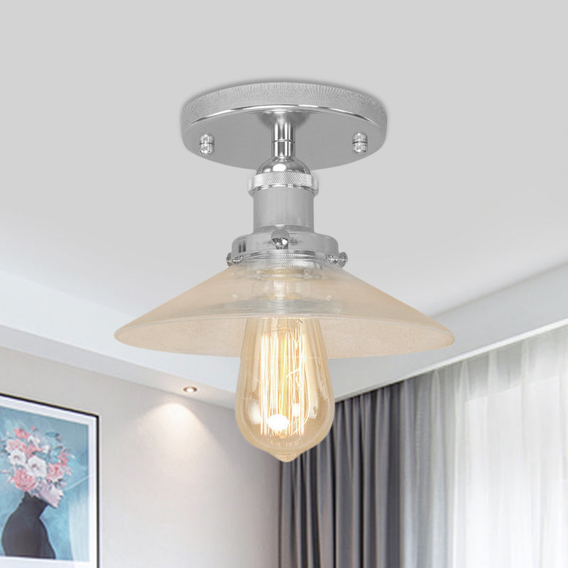 Saucer Frosted Glass Semi Flush Lighting Vintage 1 Bulb Kitchen Light Fixture in Black/Brass/Copper Chrome Clearhalo 'Ceiling Lights' 'Close To Ceiling Lights' 'Close to ceiling' 'Glass shade' 'Glass' 'Semi-flushmount' Lighting' 456804