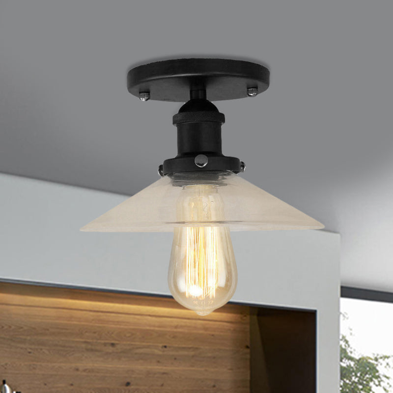 Saucer Frosted Glass Semi Flush Lighting Vintage 1 Bulb Kitchen Light Fixture in Black/Brass/Copper Black Clearhalo 'Ceiling Lights' 'Close To Ceiling Lights' 'Close to ceiling' 'Glass shade' 'Glass' 'Semi-flushmount' Lighting' 456805