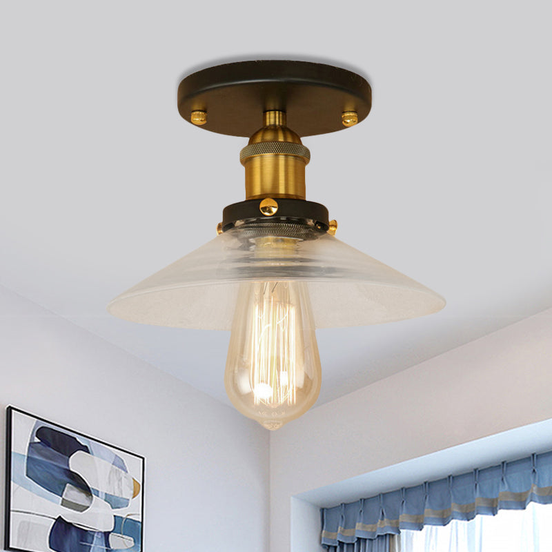 Saucer Frosted Glass Semi Flush Lighting Vintage 1 Bulb Kitchen Light Fixture in Black/Brass/Copper Satin Brass Clearhalo 'Ceiling Lights' 'Close To Ceiling Lights' 'Close to ceiling' 'Glass shade' 'Glass' 'Semi-flushmount' Lighting' 456806