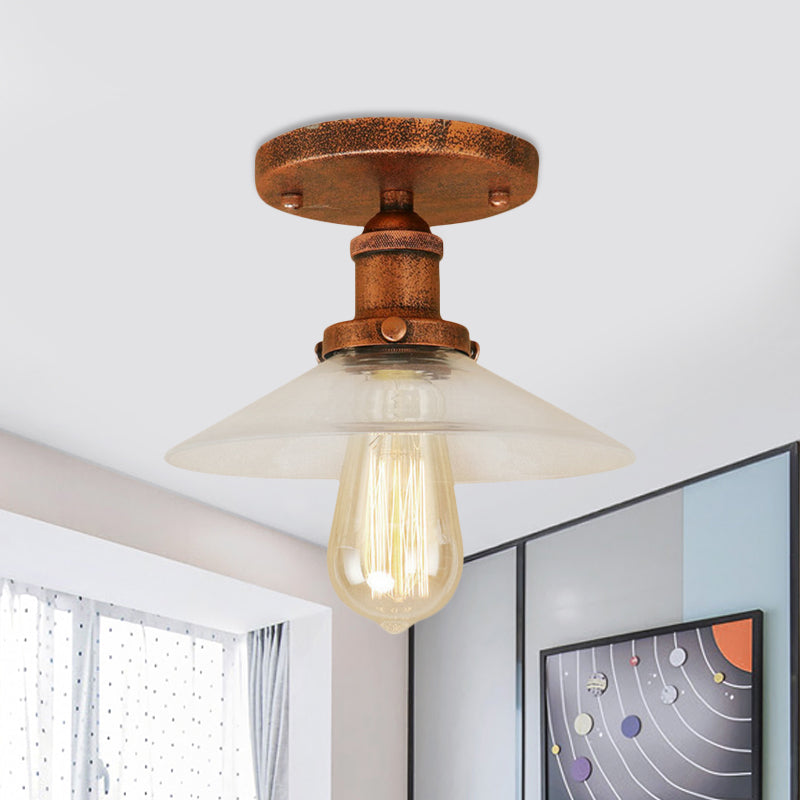 Saucer Frosted Glass Semi Flush Lighting Vintage 1 Bulb Kitchen Light Fixture in Black/Brass/Copper Rust Clearhalo 'Ceiling Lights' 'Close To Ceiling Lights' 'Close to ceiling' 'Glass shade' 'Glass' 'Semi-flushmount' Lighting' 456807