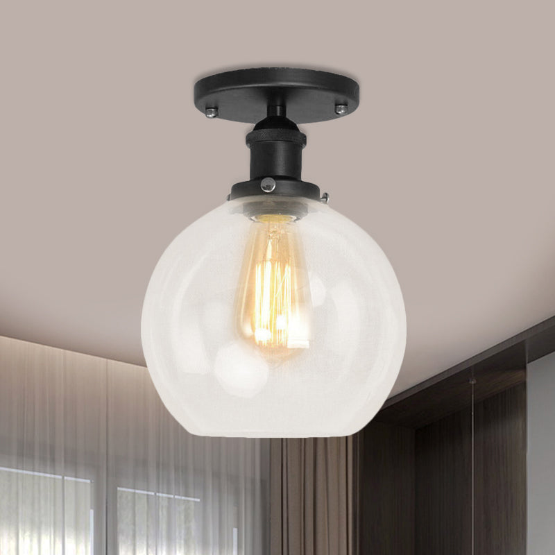 Spherical Balcony Semi Flush Industrial Clear Glass One Light Black/Brass/Copper Ceiling Light Fixture Clearhalo 'Ceiling Lights' 'Close To Ceiling Lights' 'Close to ceiling' 'Glass shade' 'Glass' 'Semi-flushmount' Lighting' 460001