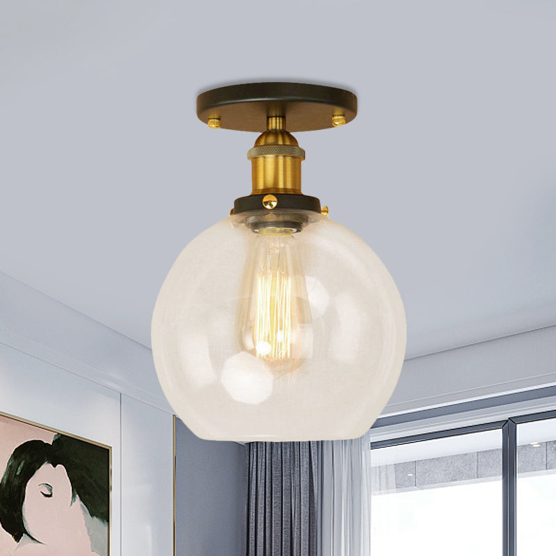 Spherical Balcony Semi Flush Industrial Clear Glass One Light Black/Brass/Copper Ceiling Light Fixture Satin Brass Clearhalo 'Ceiling Lights' 'Close To Ceiling Lights' 'Close to ceiling' 'Glass shade' 'Glass' 'Semi-flushmount' Lighting' 460002