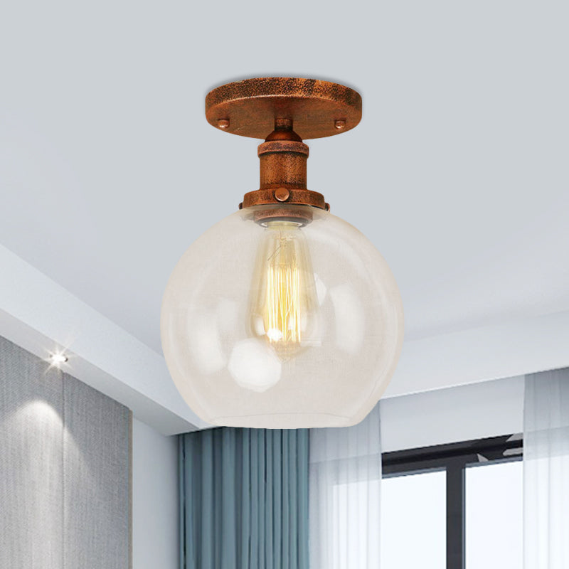 Spherical Balcony Semi Flush Industrial Clear Glass One Light Black/Brass/Copper Ceiling Light Fixture Rust Clearhalo 'Ceiling Lights' 'Close To Ceiling Lights' 'Close to ceiling' 'Glass shade' 'Glass' 'Semi-flushmount' Lighting' 460003