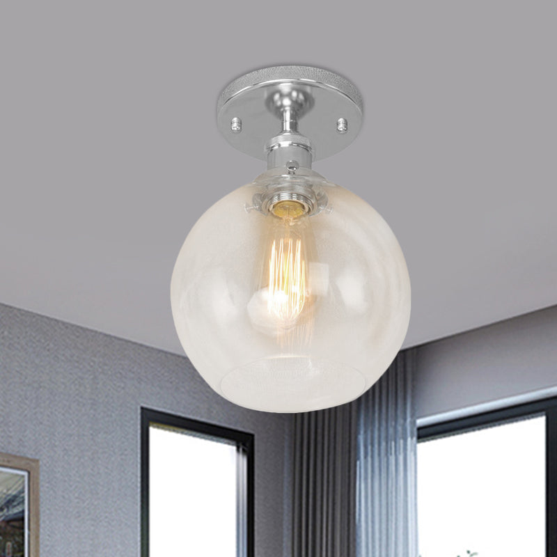 Spherical Balcony Semi Flush Industrial Clear Glass One Light Black/Brass/Copper Ceiling Light Fixture Chrome Clearhalo 'Ceiling Lights' 'Close To Ceiling Lights' 'Close to ceiling' 'Glass shade' 'Glass' 'Semi-flushmount' Lighting' 460004