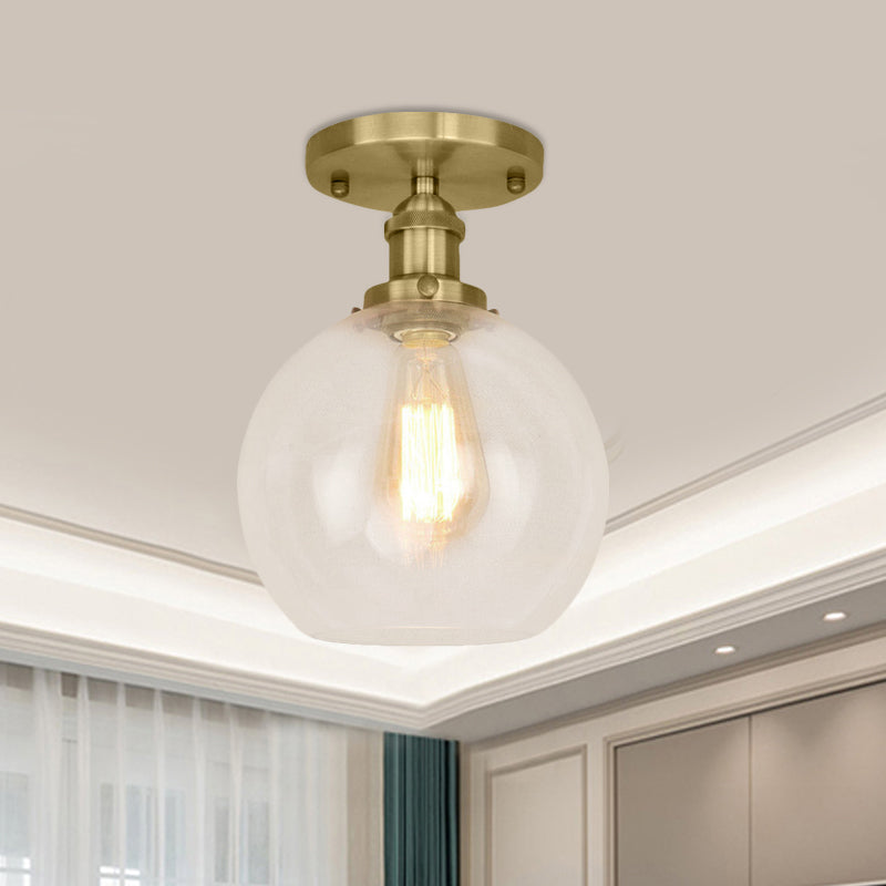 Spherical Balcony Semi Flush Industrial Clear Glass One Light Black/Brass/Copper Ceiling Light Fixture Antique Brass Clearhalo 'Ceiling Lights' 'Close To Ceiling Lights' 'Close to ceiling' 'Glass shade' 'Glass' 'Semi-flushmount' Lighting' 460007