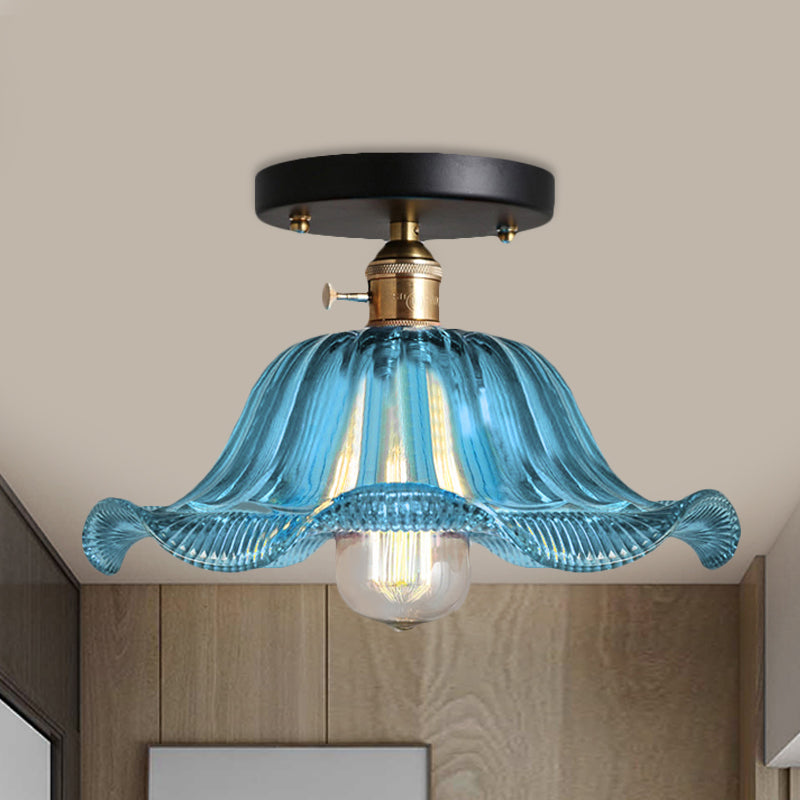Red/Blue/Clear One Light Ceiling Mount Rustic Ribbed Glass Scalloped Semi Flush Light, 8"/10"/12" Wide Blue Clearhalo 'Ceiling Lights' 'Close To Ceiling Lights' 'Close to ceiling' 'Glass shade' 'Glass' 'Semi-flushmount' Lighting' 460010