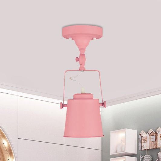 Retro Loft Tapered Semi Flush Pendant Light 1 Head Rotatable Metal Ceiling Lamp in Grey/Red/Pink for Bedroom Pink Clearhalo 'Ceiling Lights' 'Close To Ceiling Lights' 'Close to ceiling' 'Semi-flushmount' Lighting' 460032