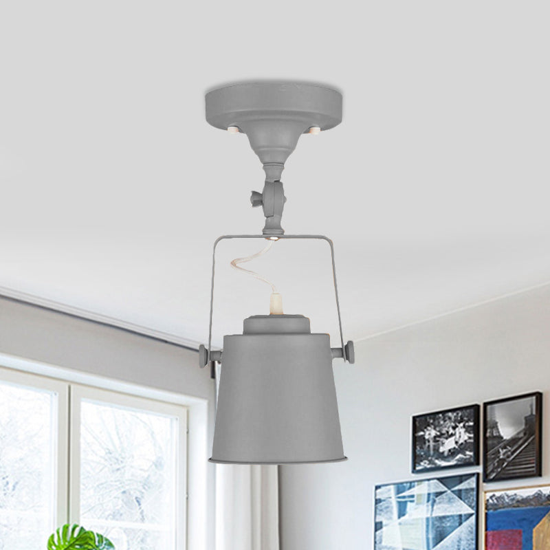 Retro Loft Tapered Semi Flush Pendant Light 1 Head Rotatable Metal Ceiling Lamp in Grey/Red/Pink for Bedroom Grey Clearhalo 'Ceiling Lights' 'Close To Ceiling Lights' 'Close to ceiling' 'Semi-flushmount' Lighting' 460035