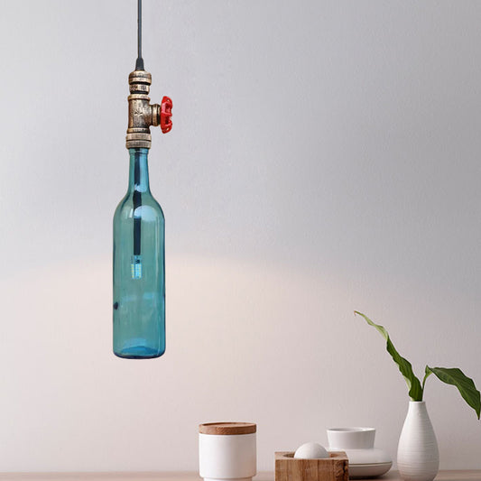 Water Pipe Restaurant Ceiling Fixture with Bottle Shade and Valve Antique Glass 1 Light Blue/Amber Pendant Lighting Clearhalo 'Ceiling Lights' 'Glass shade' 'Glass' 'Industrial Pendants' 'Industrial' 'Middle Century Pendants' 'Pendant Lights' 'Pendants' 'Tiffany' Lighting' 460056