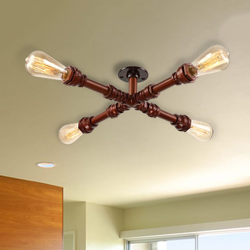 4 Lights Tubing Ceiling Light with Bare Bulb Industrial Style Oil Rubbed Bronze Iron Semi Flush Light Clearhalo 'Ceiling Lights' 'Close To Ceiling Lights' 'Close to ceiling' 'Semi-flushmount' Lighting' 460064