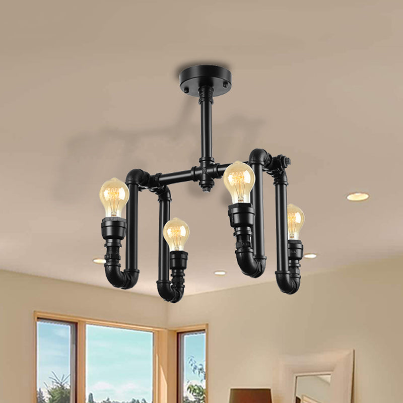 Matte Black 4 Lights Ceiling Flush Mount Industrial Metallic Water Pipe Semi-Flush Mount Lighting Clearhalo 'Ceiling Lights' 'Close To Ceiling Lights' 'Close to ceiling' 'Semi-flushmount' Lighting' 460066