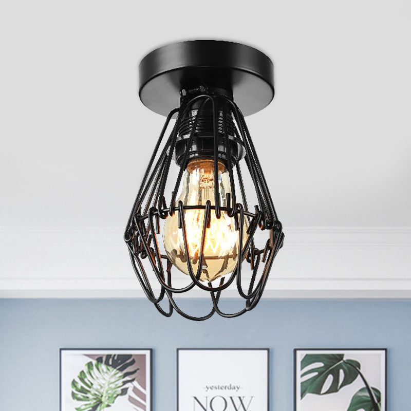 Industrial Cage Flush Pendant Light with Petal Design 1 Light Metal Ceiling Lighting in Black for Coffee Shop Clearhalo 'Ceiling Lights' 'Close To Ceiling Lights' 'Close to ceiling' 'Semi-flushmount' Lighting' 460073