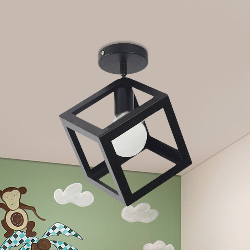 1 Light Squared Ceiling Mounted Light with Wire Guard Loft Style Black/Gray Metallic Semi-Flush Lighting for Bedroom Clearhalo 'Ceiling Lights' 'Close To Ceiling Lights' 'Close to ceiling' 'Semi-flushmount' Lighting' 460090