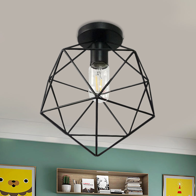 Metal Polygon Close to Ceiling Lighting with Cage Shade Industrial 1 Bulb Bedroom Semi Flush Light in Black Clearhalo 'Ceiling Lights' 'Close To Ceiling Lights' 'Close to ceiling' 'Semi-flushmount' Lighting' 460092