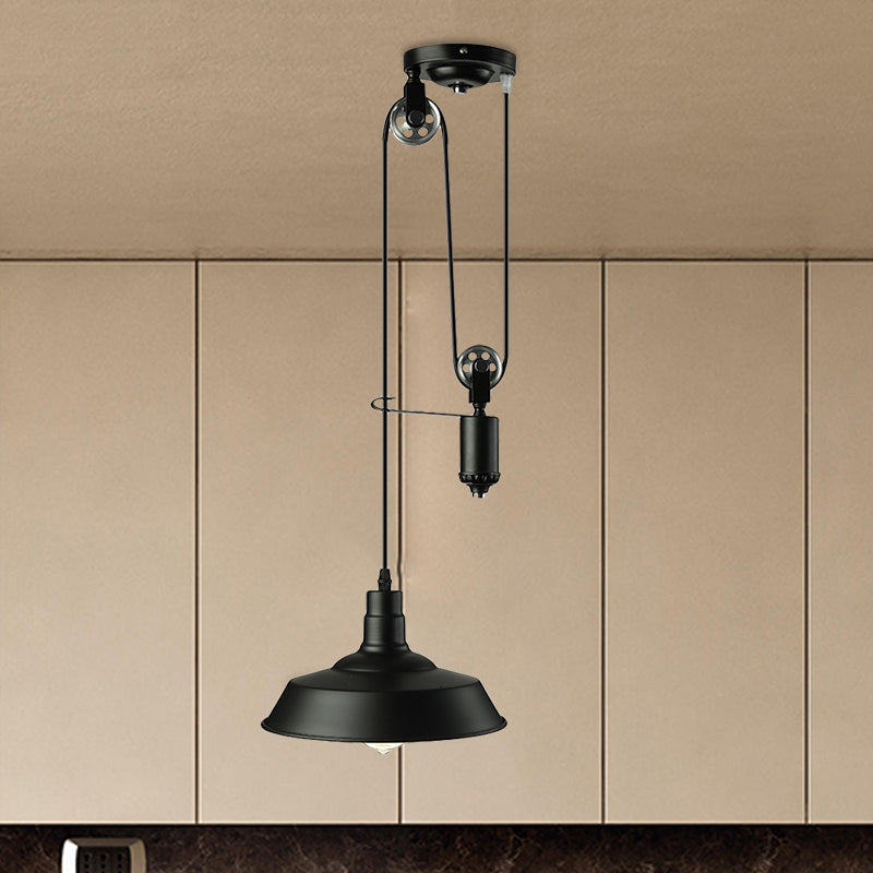 Farmhouse Pulley Pendant Light with Barn Shade 1 Bulb Metallic Hanging Lamp in Black for Kitchen Clearhalo 'Art Deco Pendants' 'Black' 'Cast Iron' 'Ceiling Lights' 'Ceramic' 'Crystal' 'Industrial Pendants' 'Industrial' 'Metal' 'Middle Century Pendants' 'Pendant Lights' 'Pendants' 'Rustic Pendants' 'Tiffany' Lighting' 460098