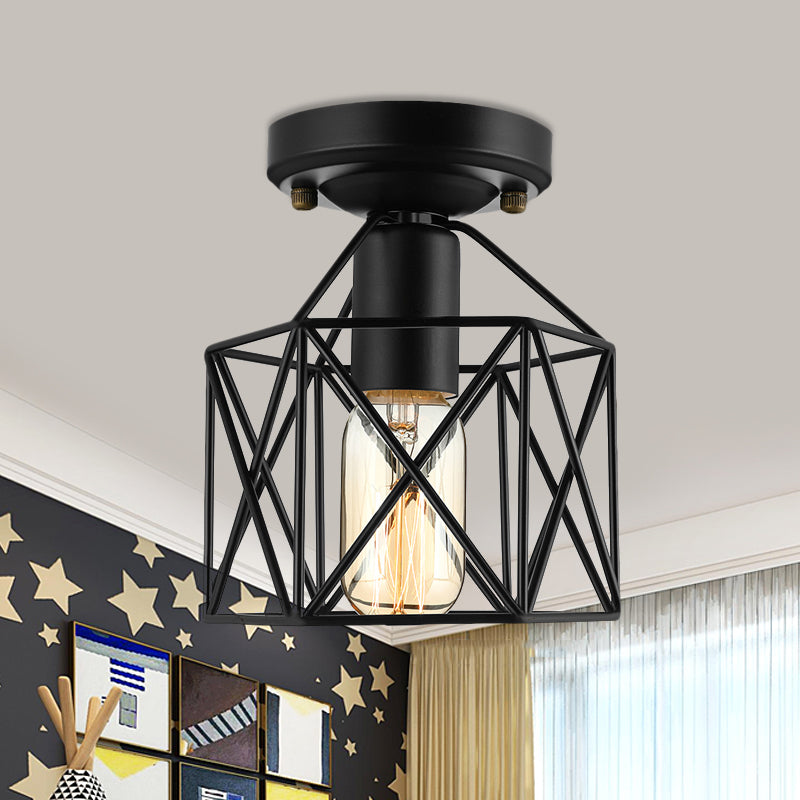 Hexagon Iron Ceiling Mounted Fixture with Cage Shade Vintage Stylish 1 Bulb Balcony Close to Ceiling Lamp in Black/White Clearhalo 'Ceiling Lights' 'Close To Ceiling Lights' 'Close to ceiling' 'Semi-flushmount' Lighting' 460099