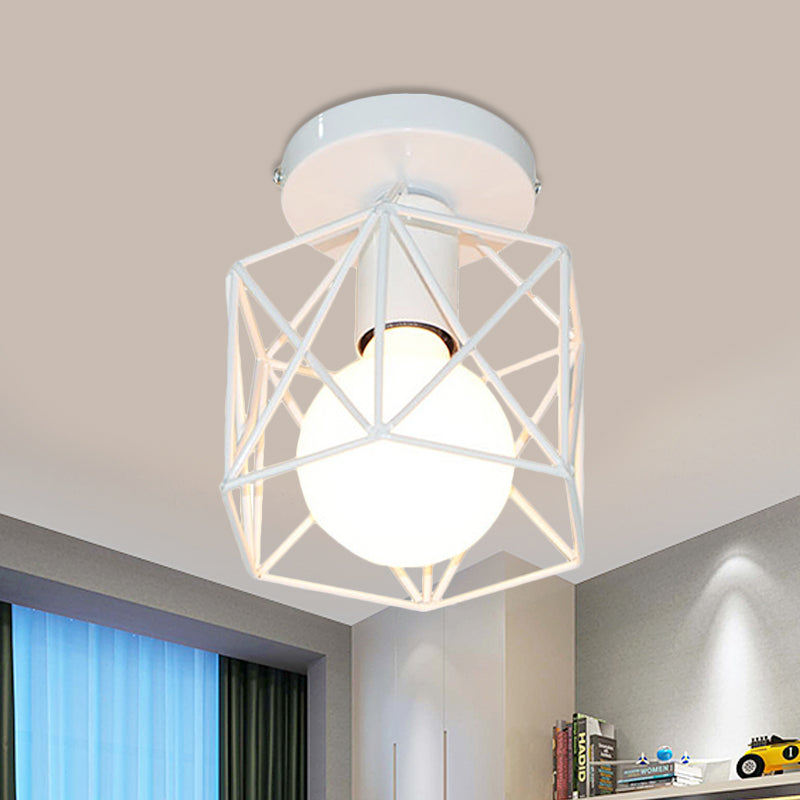 Hexagon Iron Ceiling Mounted Fixture with Cage Shade Vintage Stylish 1 Bulb Balcony Close to Ceiling Lamp in Black/White Clearhalo 'Ceiling Lights' 'Close To Ceiling Lights' 'Close to ceiling' 'Semi-flushmount' Lighting' 460100