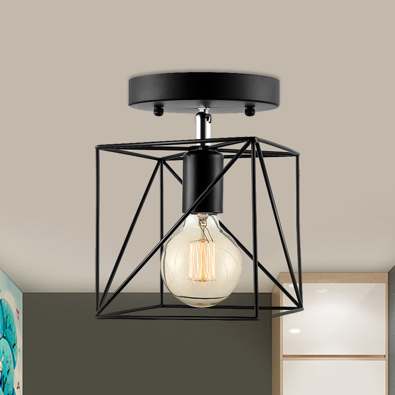 Industrial Style Squared Ceiling Mounted Fixture with Wire Frame 1 Head Metal Semi Flush Light in Black Clearhalo 'Ceiling Lights' 'Close To Ceiling Lights' 'Close to ceiling' 'Semi-flushmount' Lighting' 460101