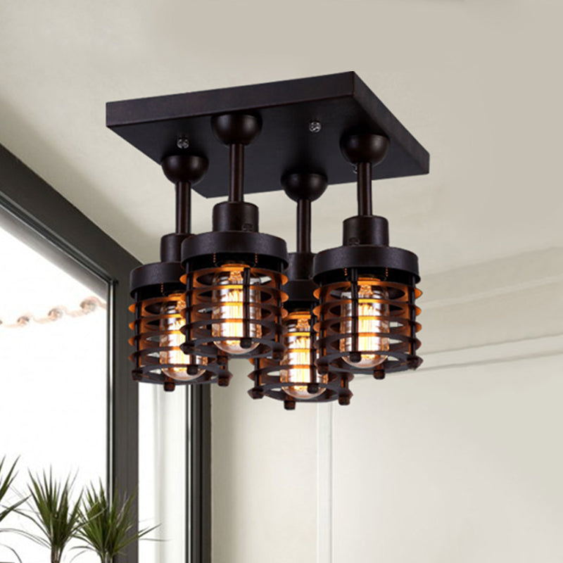 Black Finish Mini Caged Ceiling Lamp Industrial Iron 4-Head Bedroom Semi Flush Mount Lighting with Squared Canopy Clearhalo 'Ceiling Lights' 'Close To Ceiling Lights' 'Close to ceiling' 'Semi-flushmount' Lighting' 460106