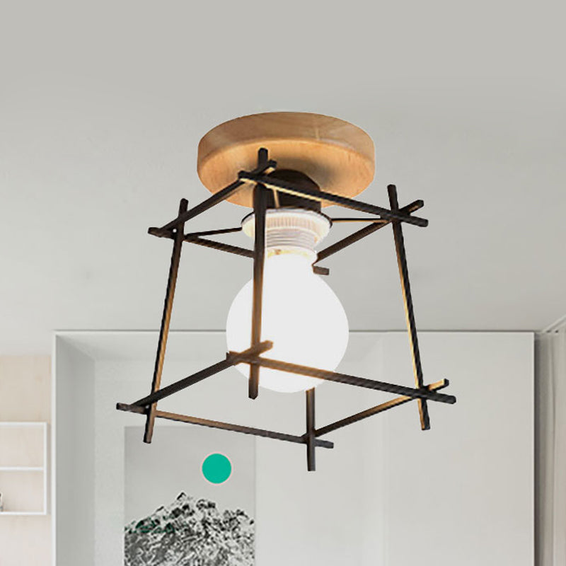 1 Head Iron Ceiling Lighting Retro Style Black/White Global/Squared Cage Shade Porch Rotatable Semi Flush Mount Light Clearhalo 'Ceiling Lights' 'Close To Ceiling Lights' 'Close to ceiling' 'Semi-flushmount' Lighting' 460130