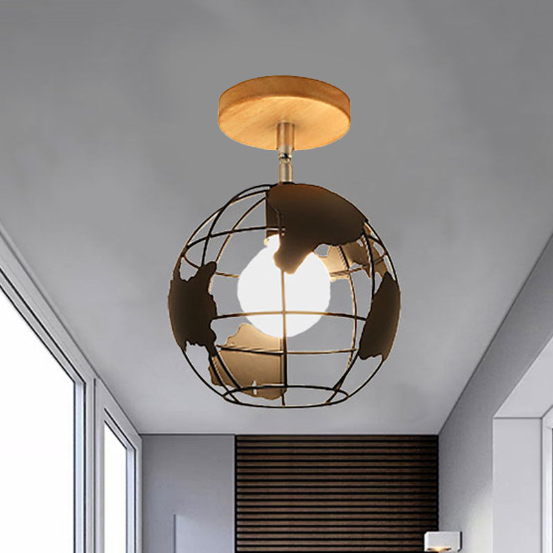 1 Head Iron Ceiling Lighting Retro Style Black/White Global/Squared Cage Shade Porch Rotatable Semi Flush Mount Light Black Globe Clearhalo 'Ceiling Lights' 'Close To Ceiling Lights' 'Close to ceiling' 'Semi-flushmount' Lighting' 460132