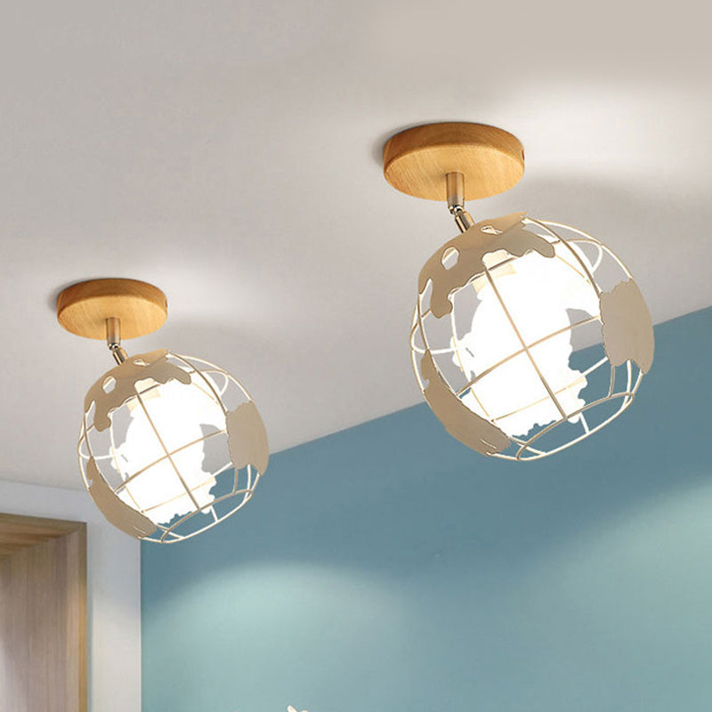 1 Head Iron Ceiling Lighting Retro Style Black/White Global/Squared Cage Shade Porch Rotatable Semi Flush Mount Light White Globe Clearhalo 'Ceiling Lights' 'Close To Ceiling Lights' 'Close to ceiling' 'Semi-flushmount' Lighting' 460133