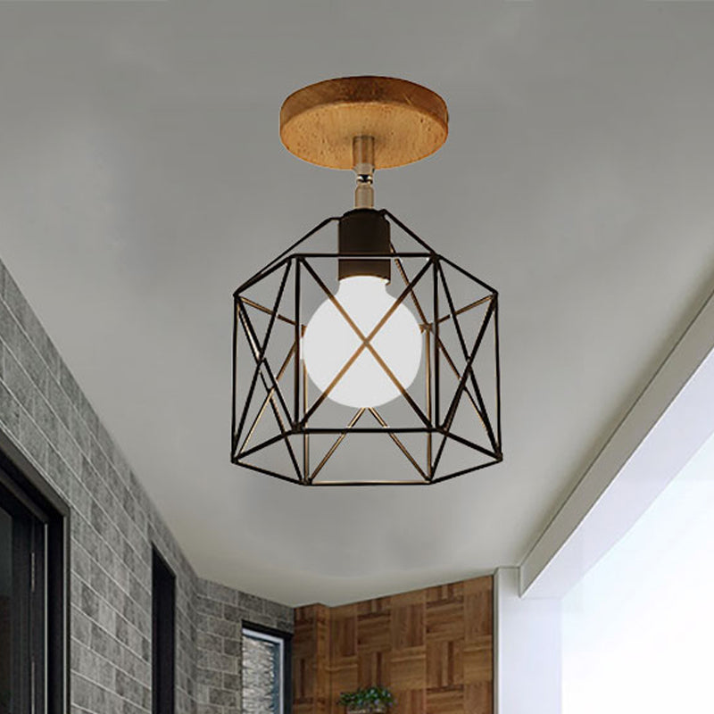 1 Head Iron Ceiling Lighting Retro Style Black/White Global/Squared Cage Shade Porch Rotatable Semi Flush Mount Light Black Hexagon Clearhalo 'Ceiling Lights' 'Close To Ceiling Lights' 'Close to ceiling' 'Semi-flushmount' Lighting' 460134