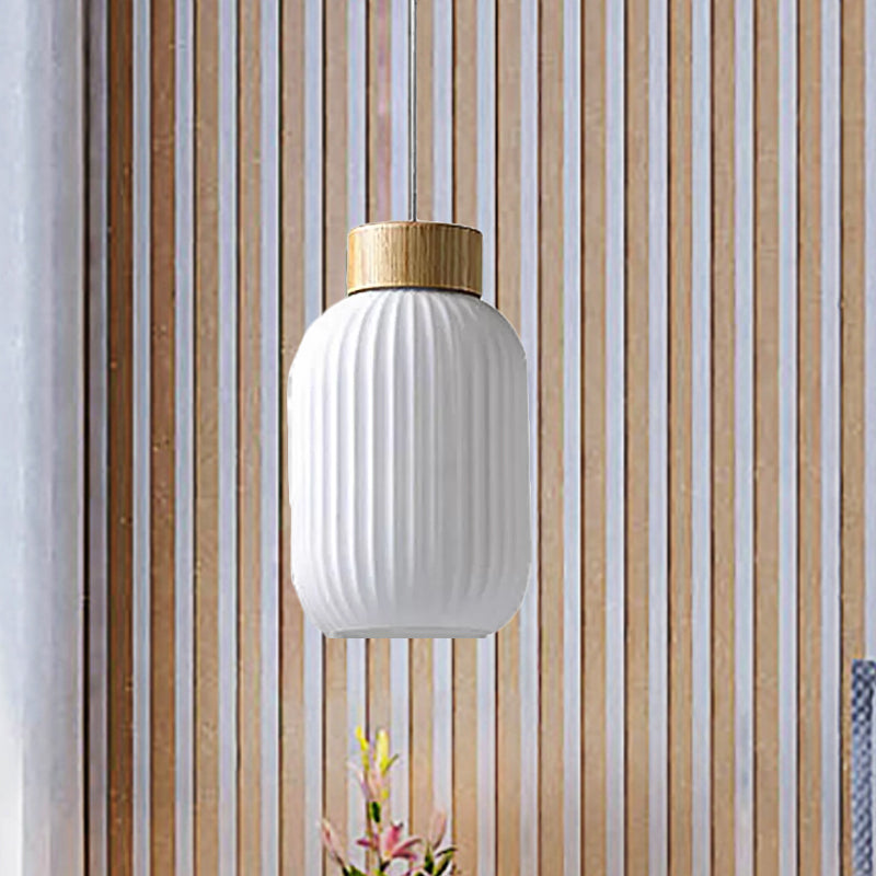 5.5"/8"/12" W Cylinder Pendant Light with Milk Glass Ribbed Shade Modern 1 Light Restaurant Ceiling Fixture in White Clearhalo 'Ceiling Lights' 'Close To Ceiling Lights' 'Glass shade' 'Glass' 'Modern Pendants' 'Modern' 'Pendant Lights' 'Pendants' Lighting' 460149