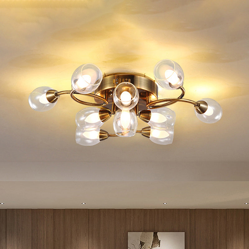 Contemporary Clear Glass Shade Metal Semi Flush Ceiling Light 10 Lights Gold Bedroom Ceiling Mounted Fixture Clearhalo 'Ceiling Lights' 'Close To Ceiling Lights' 'Close to ceiling' 'Semi-flushmount' Lighting' 460186