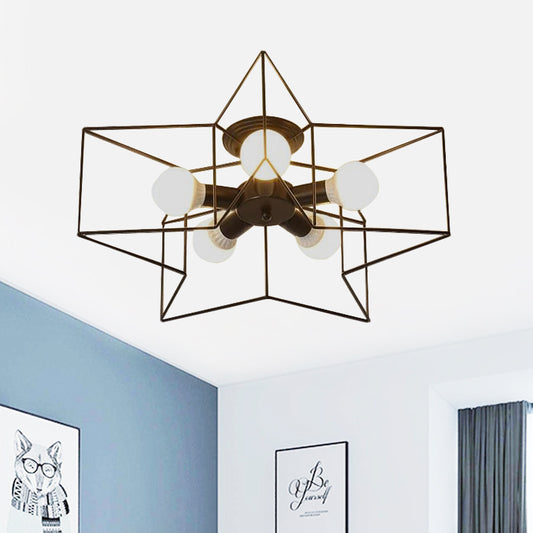 Star Cage Metallic Shade Semi Flush Pendant Light Loft Stylish 5 Lights Bedroom Ceiling Lighting in Black/White Clearhalo 'Ceiling Lights' 'Close To Ceiling Lights' 'Close to ceiling' 'Semi-flushmount' Lighting' 460246