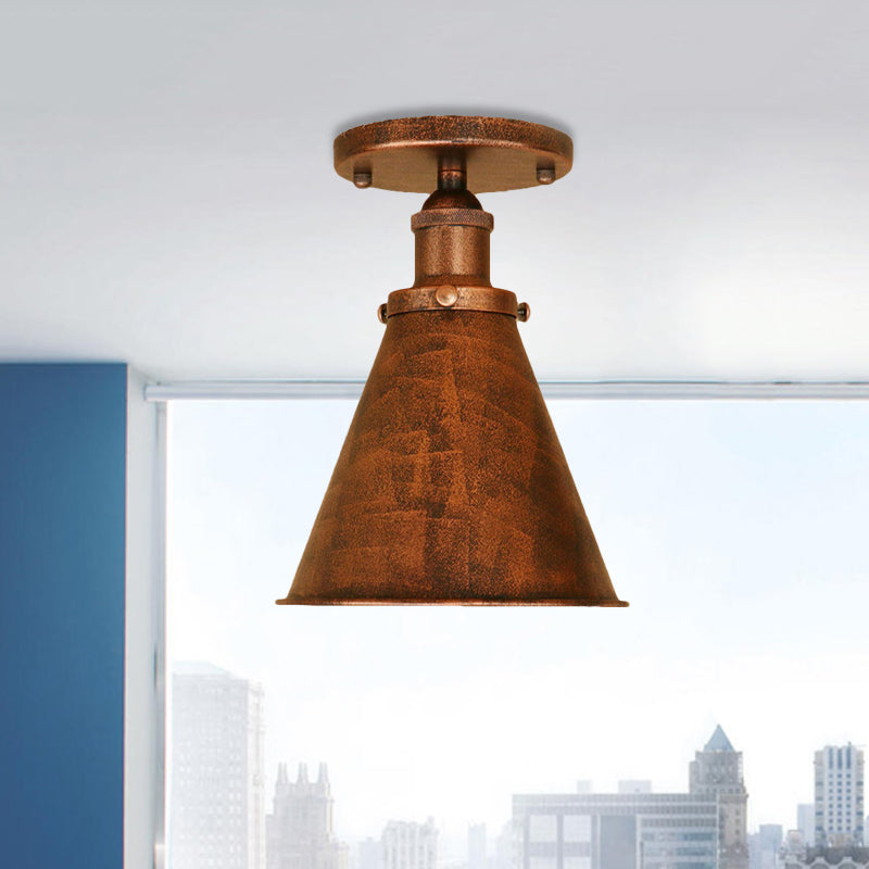 1 Light Metallic Semi Flush Light Vintage Style Rust/Copper Tapered Indoor Semi Flush Light Fixture Clearhalo 'Ceiling Lights' 'Close To Ceiling Lights' 'Close to ceiling' 'Semi-flushmount' Lighting' 460274