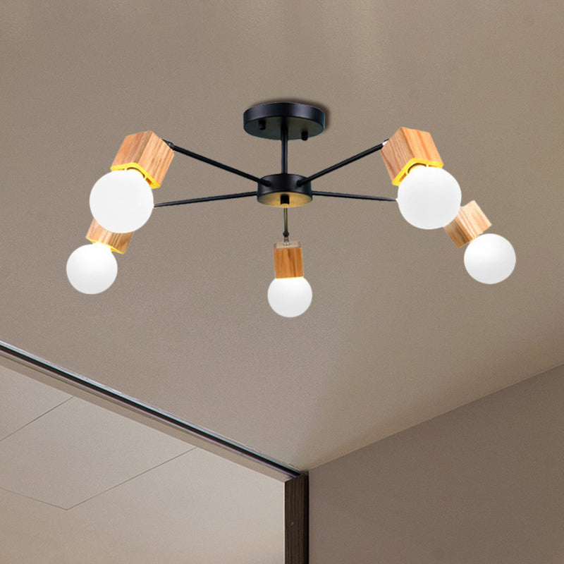 3/5-Light Ceiling Lamp Loft Industrial Open Bulb Metal Semi Flush Light in Wood for Bedroom 5 Wood Clearhalo 'Ceiling Lights' 'Close To Ceiling Lights' 'Close to ceiling' 'Semi-flushmount' Lighting' 460280