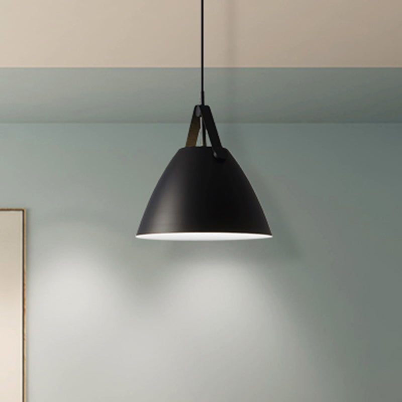 Modernist Conical Pendant Lighting 10.5"/14" W 1 Bulb Metallic Suspension Light with Leather Strap in Black/Blue over Table Clearhalo 'Ceiling Lights' 'Modern Pendants' 'Modern' 'Pendant Lights' 'Pendants' Lighting' 460348